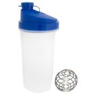 A transparent plastic shaker bottle with a blue lid is shown next to a metal mixing ball. The lid has a flip-top closure, designed for mixing protein shakes or supplements.