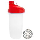 A clear plastic shaker bottle with a red lid and a metal mixing ball beside it. The bottle has a spout for drinking or pouring.