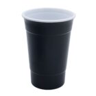 A black plastic cup with a white interior, standing upright against a plain white background.