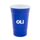 A blue plastic cup with the letters OLI printed in white on the front.