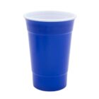 A blue plastic cup with a white interior, viewed from the side against a plain white background. The cup has a simple, cylindrical shape and typical disposable party cup design.