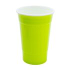 A bright green plastic cup on a plain white background. The cup has a smooth surface with a slight lip at the top and a tapered shape, wider at the top and narrower at the base.