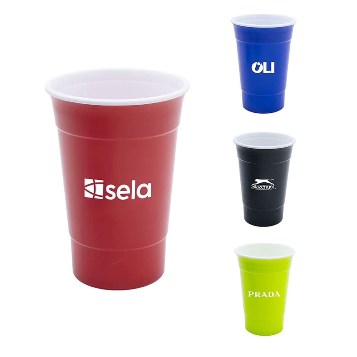 Four plastic cups in different colors: a large red cup with a sela logo, a smaller blue cup labeled ÖLI, a black cup with a Spectre logo, and a neon green cup with the word PRADA. All have a white interior rim.