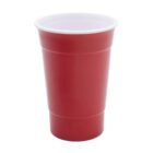 A red plastic cup against a white background. The cup has a smooth surface and a slightly narrower bottom, typical of disposable party cups.