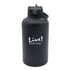 A black matte water bottle with a handle on the lid, featuring the logo Live! Casino Hotel in white text.