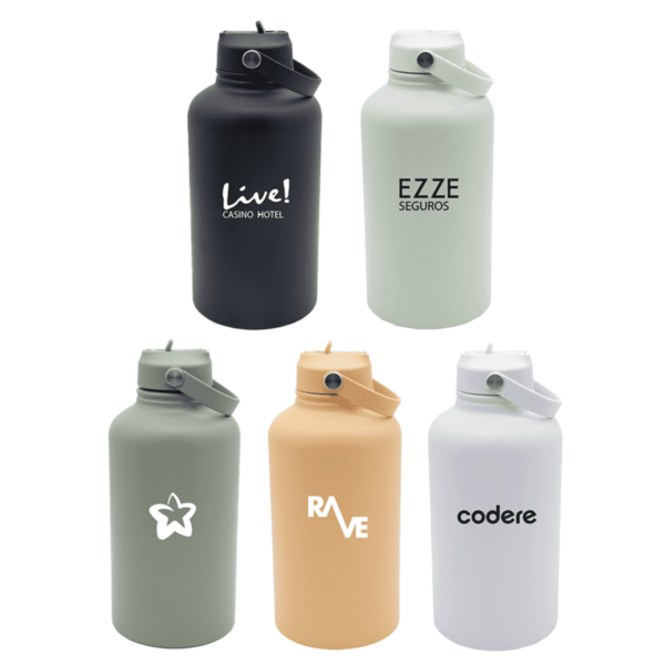 Five water bottles with different logos: a black bottle with Live! Casino Hotel, a light green bottle with EZZE SEGUROS, a darker green bottle with a star logo, a tan bottle with RAVE, and a white bottle with codere.
