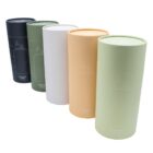 Five cylindrical containers in different colors—black, dark green, white, peach, and light green—are arranged diagonally. Each has an outline of a water bottle on the front.