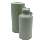 A matte green water bottle with a handle and a matching cylindrical case. The case features a simple line drawing of the bottle. Both items are set against a plain white background.
