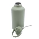 A large, pastel green water bottle with a wide mouth is open, next to its matching screw-on lid that has a built-in handle and straw. The bottle has a smooth, matte finish.
