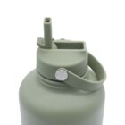 A green reusable water bottle with a lid featuring a straw and a carrying handle is shown from a top angle. The lid is securely closed, and the bottle has a smooth matte finish.