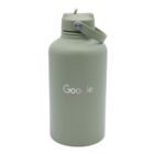A green, matte-finished water bottle with the Google logo. The bottle has a sturdy handle attached to its cap for easy carrying.