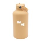 A large beige water bottle with a screw-on lid and a carrying handle. The word RAVE is printed in white on the front.