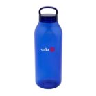 Blue plastic water bottle with a handle and sofia logo printed on the front.