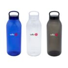 Three reusable water bottles in blue, clear, and gray, each labeled with sofia and a red logo.