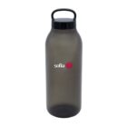 Black water bottle with a handle, featuring the sofia logo and a red graphic on the front.