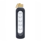 A black water bottle with a beige cap and a rope handle. The bottle features a timeline from 8 am to 7 pm with motivational phrases encouraging hydration at various times, such as Get Started! and Keep Going.