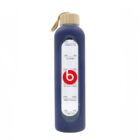 A blue water bottle with a beige cap and a carrying loop. The bottle has a motivational time marker with phrases like Get Started, Dont Give Up, and You Did It to encourage hydration throughout the day.