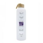 A white water bottle with a beige strap features a blue and red logo and motivational measurement markers from 8am to 1pm, such as Get Started and Dont Give Up along its side.