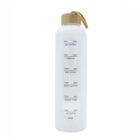 A white water bottle with motivational time markers printed from 8am to 7pm. It has a wooden cap with a loop handle. The markers encourage drinking water throughout the day with phrases like Get started! and You did it!.