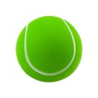 A bright green tennis ball with white curved lines on its surface, resting against a plain white background.