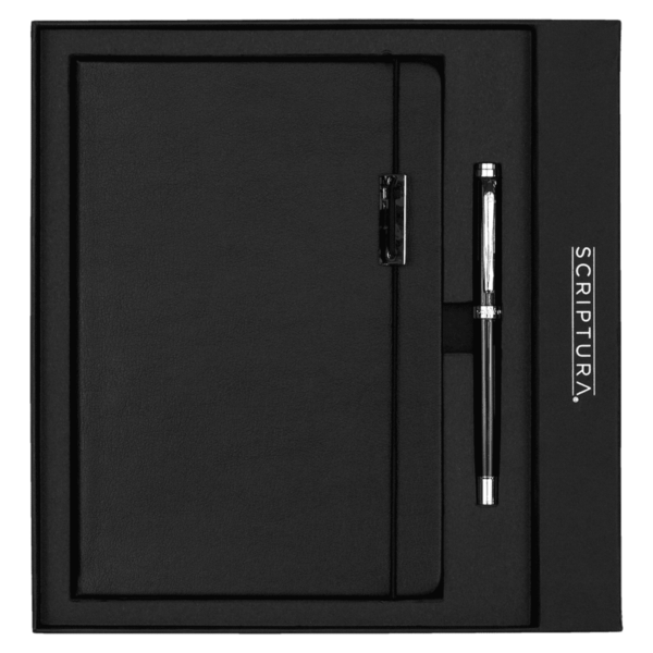 A black leather notebook and a black pen with silver accents are elegantly presented in a black gift box. The word SCRIPTURA is printed on the side of the box.