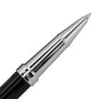 Close-up of a sleek black and silver pen with a shiny metallic tip, set against a plain white background.