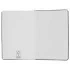 An open blank notebook with a white cover. The left page features a small FSC certification logo at the bottom, indicating responsible paper sourcing. The right page is completely blank.