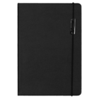 A black notebook with a hard cover and an elastic band closure on the right side, featuring a shiny metal clip at the top edge.