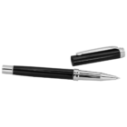 A black and silver pen with its cap off, placed to the side. The pen features a shiny metal clip on the cap, and its sleek design suggests a fountain or rollerball pen style.