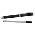 A black and silver fountain pen with a metal clip, and its cap removed and placed below. The pen has a sleek, classic design with a shiny finish.