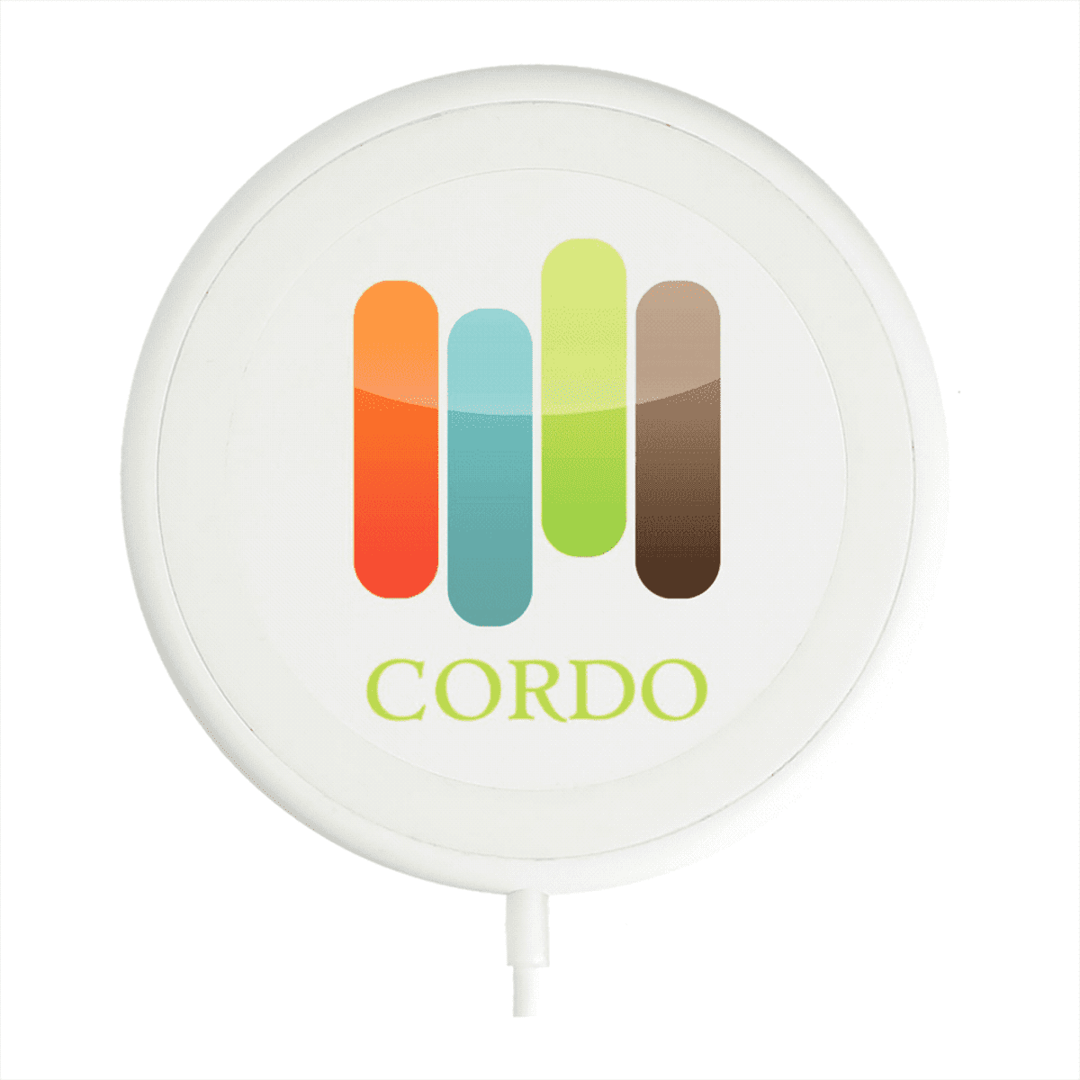 A white, circular wireless charger with a logo featuring five vertical, rounded rectangles in orange, teal, green, and brown shades. The word CORDO is printed below in green.