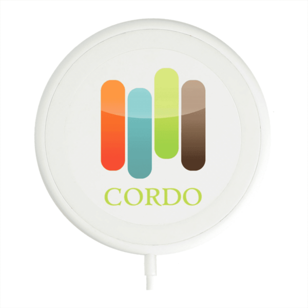 A round, white wireless charger with a logo featuring five vertical rounded bars in orange, blue, green, light green, and brown. Below the logo, the word CORDO is printed in green letters.