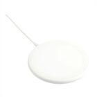 A white, circular wireless charger with a connected cable, placed on a white background.
