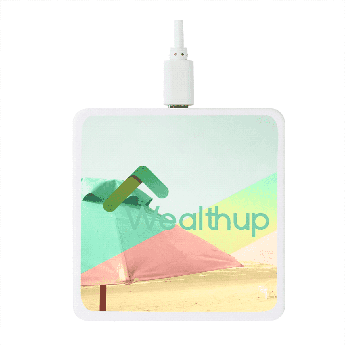 A square white wireless charger with a colorful abstract design featuring a beach and umbrellas. The word Wealthup is printed across the center.