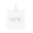 White wireless charger with a USB cable attached on the top. The device has printed text displaying product specifications: Item NO: SM-2830WH, Input: 5V/1.5A, Wireless Output: 5V, Made in China.