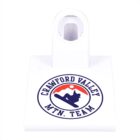White plastic clip with a circular logo that includes a silhouette of a snowboarder against a red and blue background. The text around the logo reads Crawford Valley Mtn. Team.