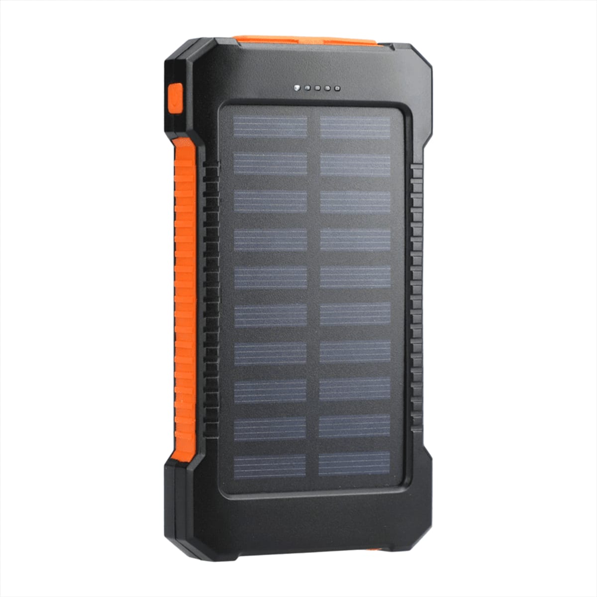 A portable solar power bank with a black and orange rugged design. The front panel features solar cells and LED indicators for battery status. It appears durable and suitable for outdoor use.