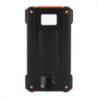 A rugged, rectangular black power bank with orange accents. It features a white rectangular panel on top and ribbed sides. The back displays technical specifications and symbols.