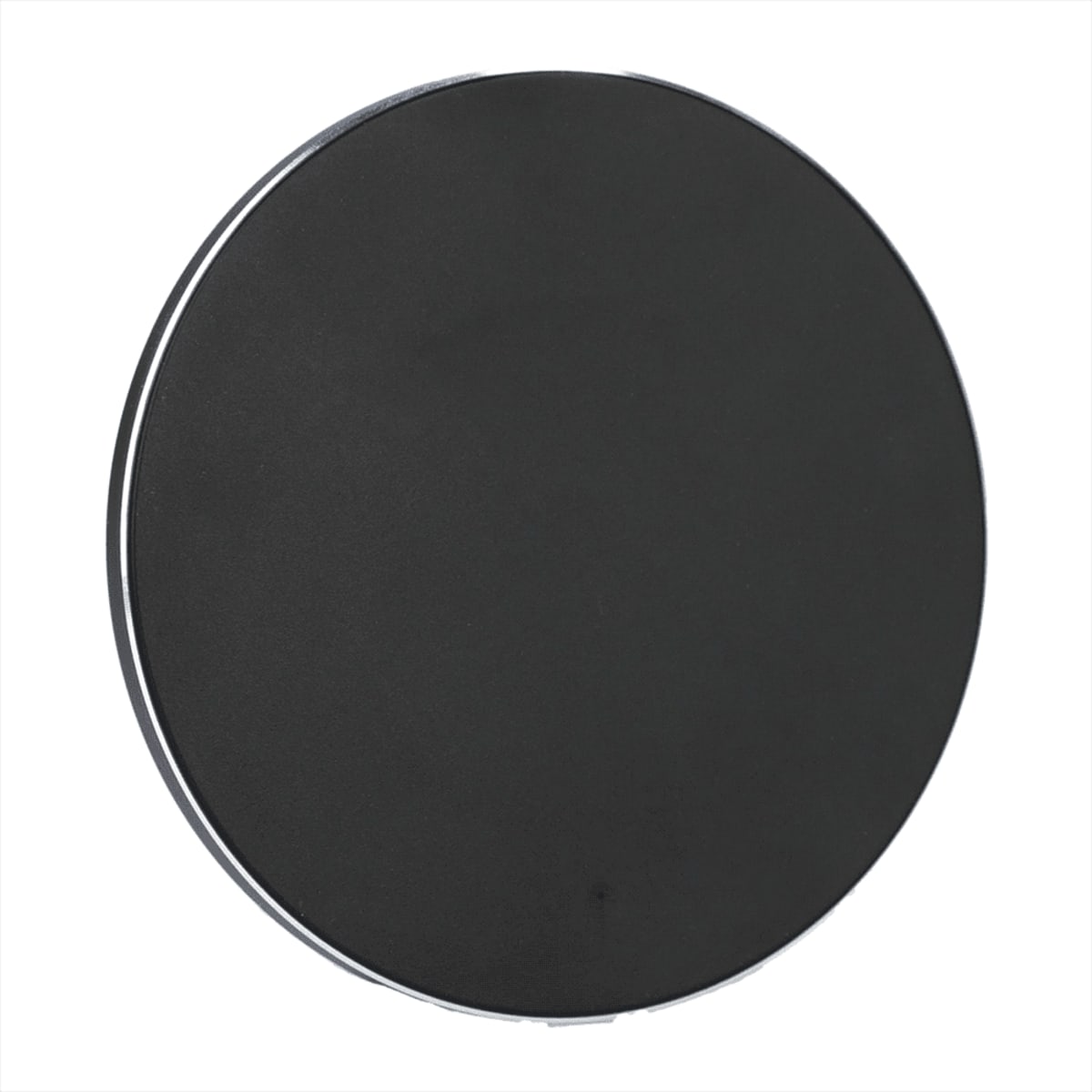 A round, black, flat object, possibly a coaster or lid, on a plain white background.
