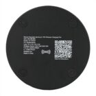 Black wireless charging pad with text, QR code, and symbols. It states Renew Recycled Aluminum 15W Wireless Charging Pad, model and item numbers, wireless output, several codes, company, and Made in China.