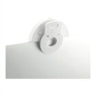 Close-up of a white, circular mounting bracket attached to a flat surface. The bracket has a central hole and a locking mechanism, designed to securely hold an object in place. The background is plain white, enhancing the brackets visibility.