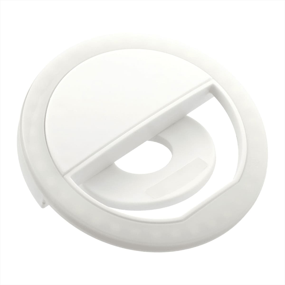 Round white selfie ring light with a clip-on design, featuring a central circular opening and an array of small LED lights around the inner edge.