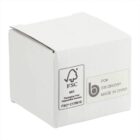 Small white cardboard box with a closed lid. The box has printed text and symbols, including FSC MIX, PO#: SM-2942WH, and MADE IN CHINA. The FSC logo is also visible on one side.