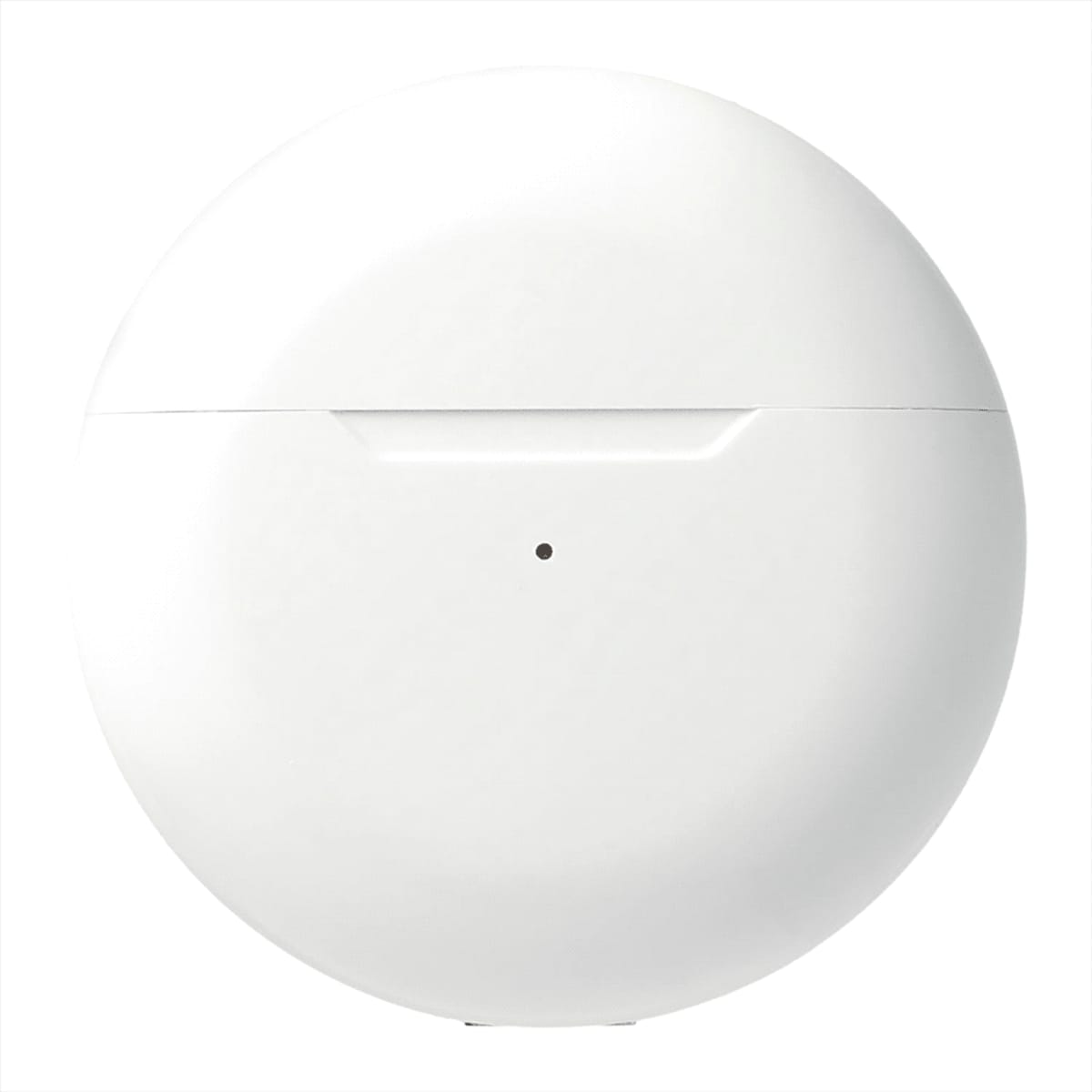 Round white smart home device with a small black dot near the center. The device is simple and minimalist, with a smooth surface.