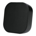 A black, compact Bluetooth speaker with a rectangular shape and rounded edges. The speaker grille covers the front surface, while the sides and back are smooth, giving it a sleek, modern look.