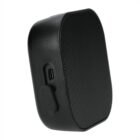 A black portable Bluetooth speaker with a rectangular, rounded design. It features a mesh front and a USB-C charging port on the side, covered by a protective flap. The background is white.