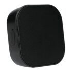 A black, rectangular portable speaker with rounded edges and a mesh front. The speaker has a smooth, matte finish and a small button on its side.