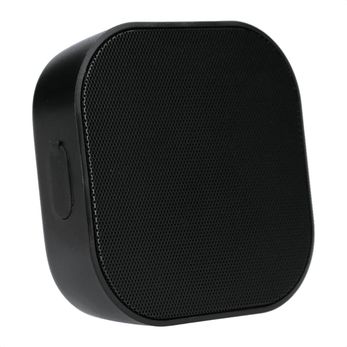 A black, rectangular portable speaker with rounded edges and a mesh front. The speaker has a smooth, matte finish and a small button on its side.