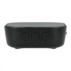 A black rectangular portable speaker with three buttons on its side: a plus sign, a triangle pointing left, and a minus sign. The speaker has a smooth, matte finish.