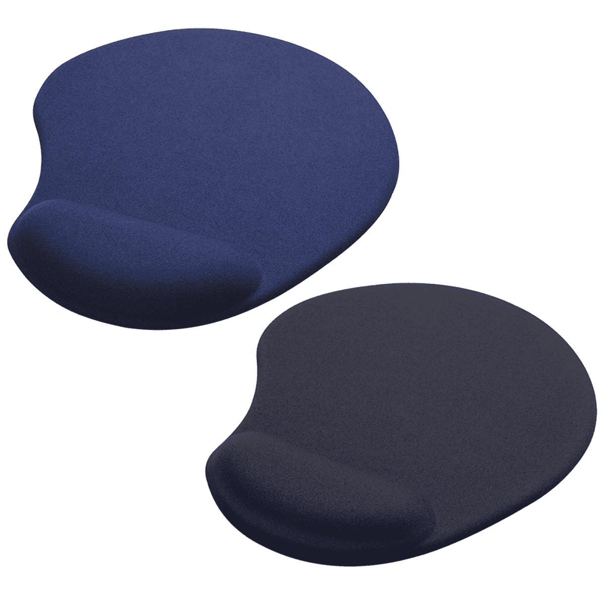 Two ergonomic mouse pads in blue and black with built-in wrist supports. The design is contoured for comfort and to reduce wrist strain while using a computer.
